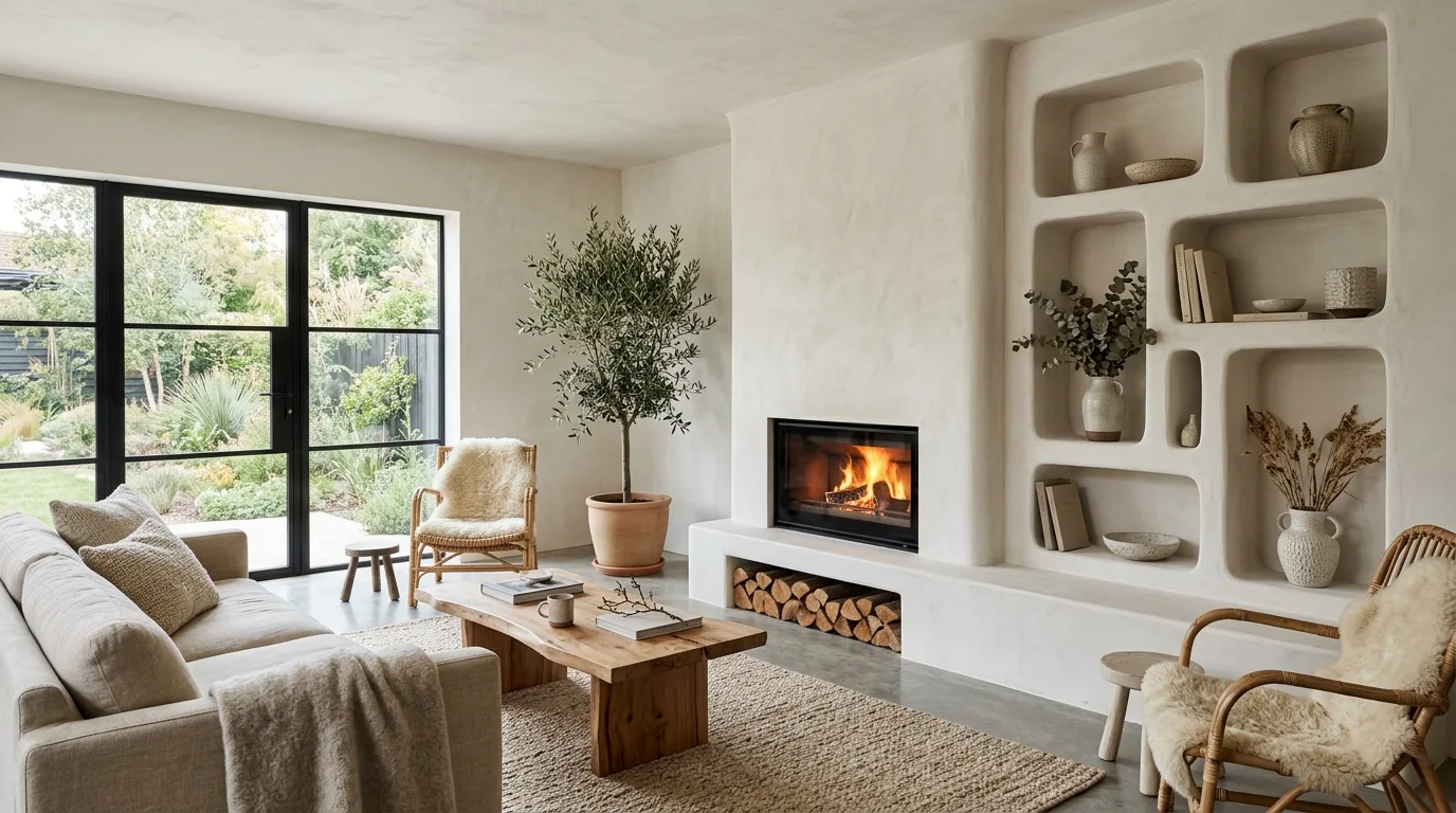 Let the hearth feel integrated with the full design inspiration for a plaster fireplace feature wall.